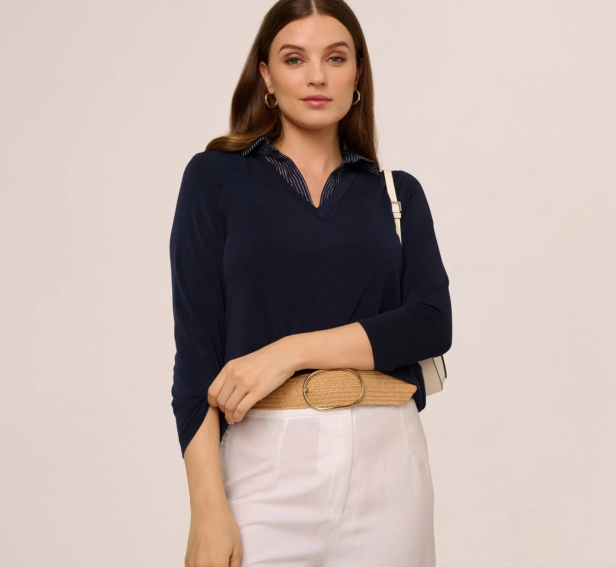 Three Quarter Sleeve Sweater With Button Down Accents In Navyw Navy Ivory Sketch Stripe sold by Adrianna Papell