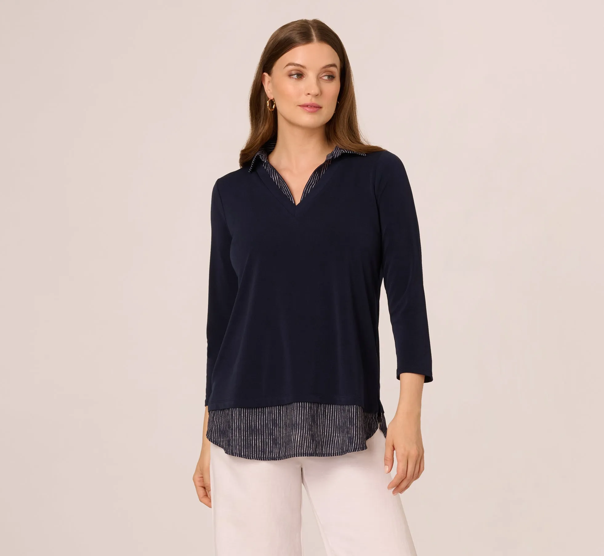 Three Quarter Sleeve Sweater With Button Down Accents In Navyw Navy Ivory Sketch Stripe sold by Adrianna Papell product image thumbnail 3