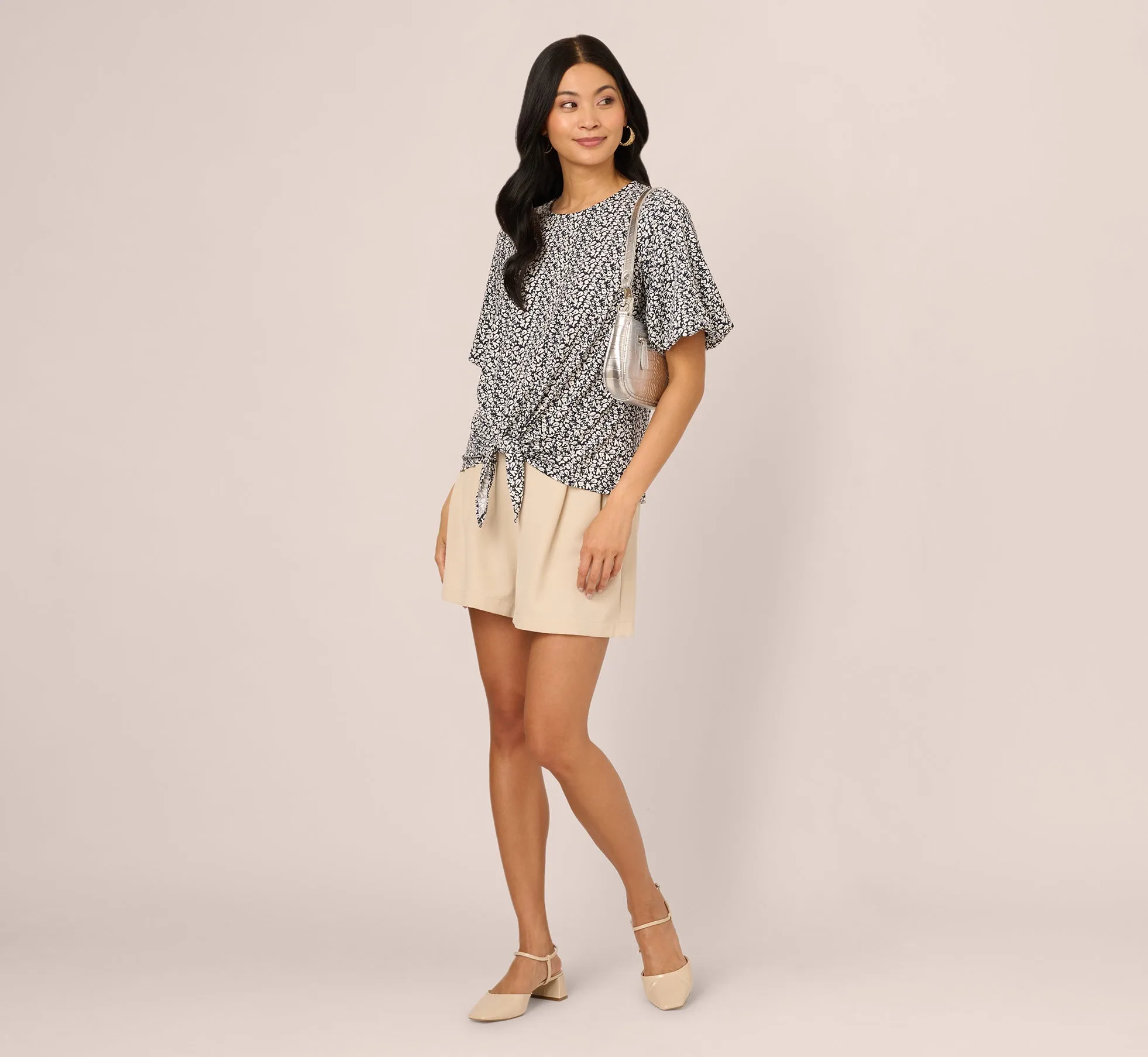 Bubble Sleeve Printed Tie Waist Top In Navy Stencil sold by Adrianna Papell product image thumbnail 2