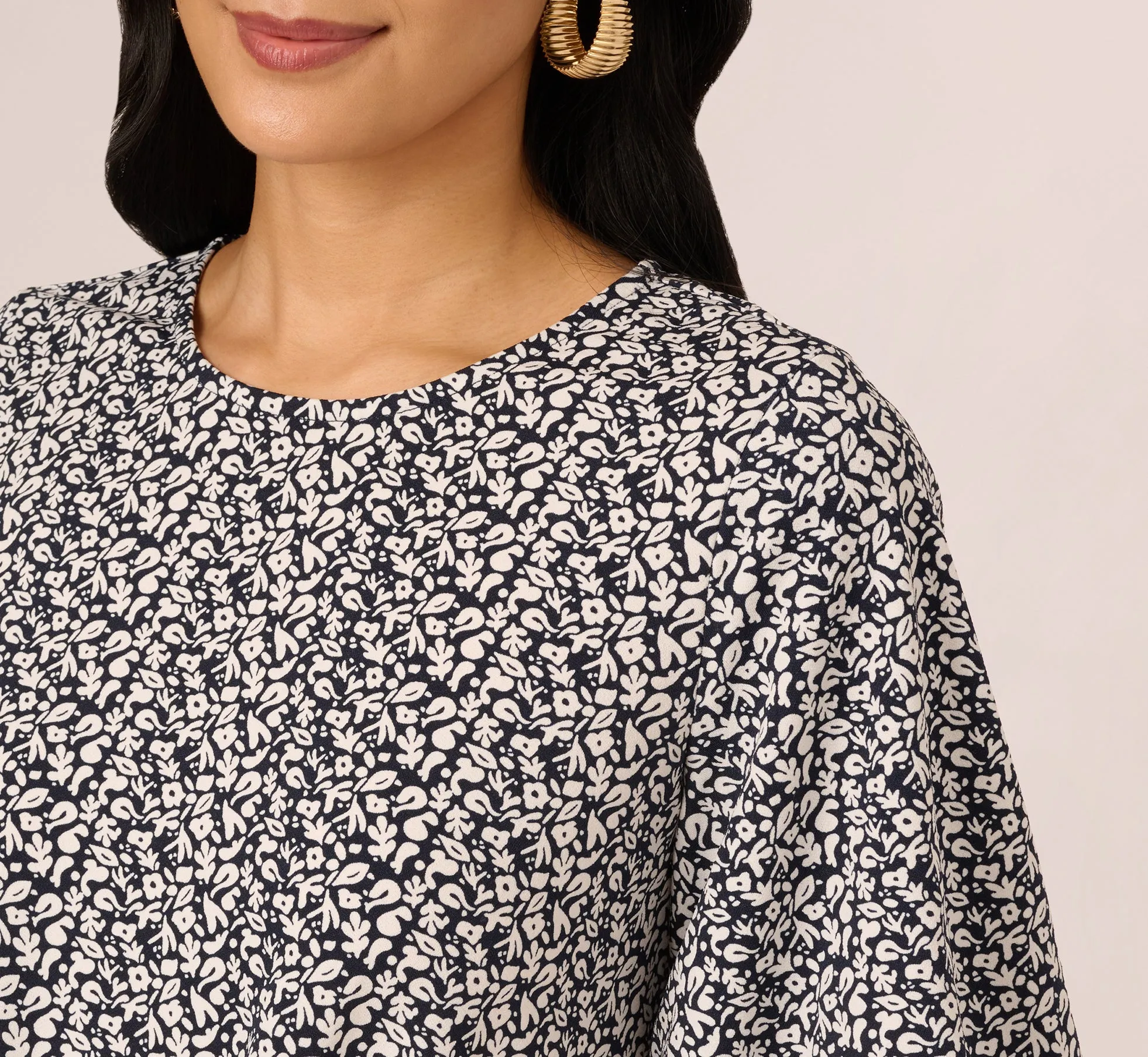 Bubble Sleeve Printed Tie Waist Top In Navy Stencil sold by Adrianna Papell product image thumbnail 5