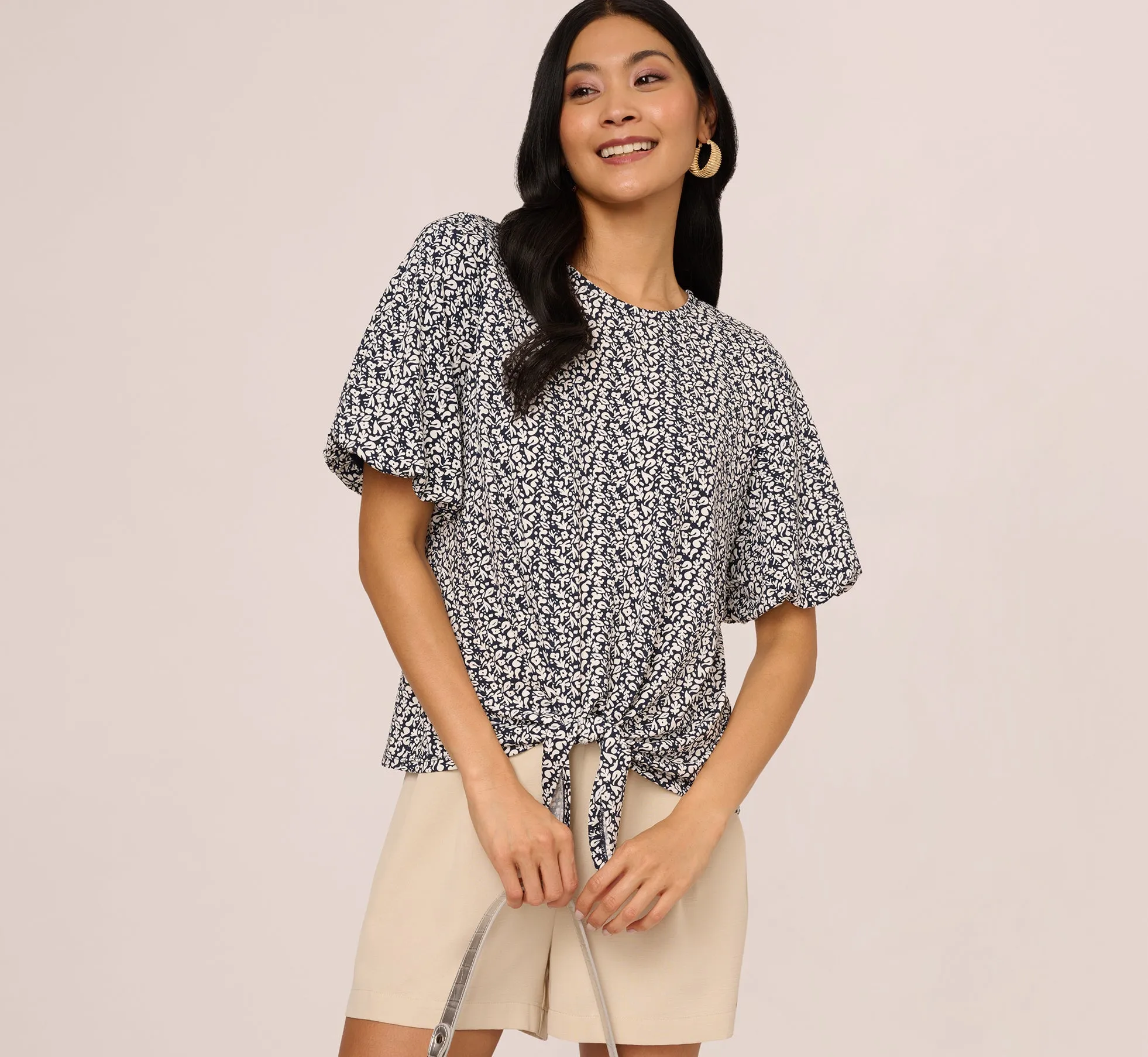 Bubble Sleeve Printed Tie Waist Top In Navy Stencil sold by Adrianna Papell