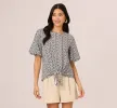 Bubble Sleeve Printed Tie Waist Top In Navy Stencil sold by Adrianna Papell