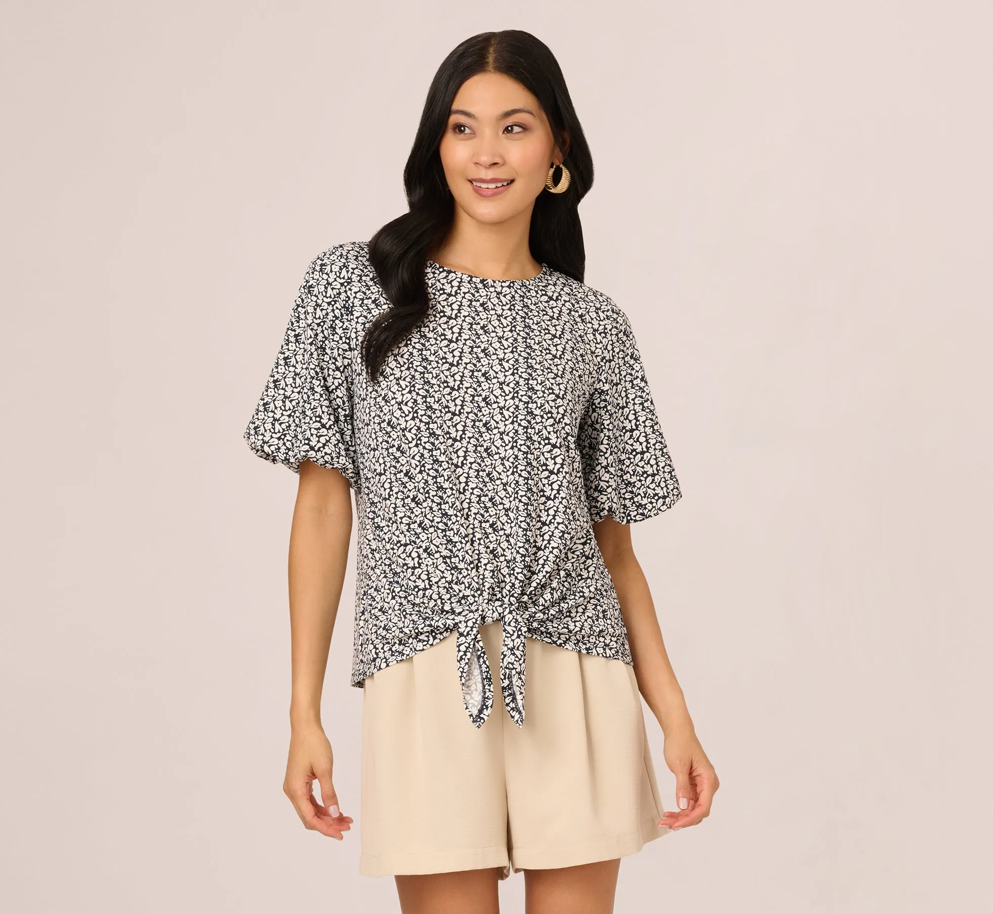 Bubble Sleeve Printed Tie Waist Top In Navy Stencil sold by Adrianna Papell product image thumbnail 3