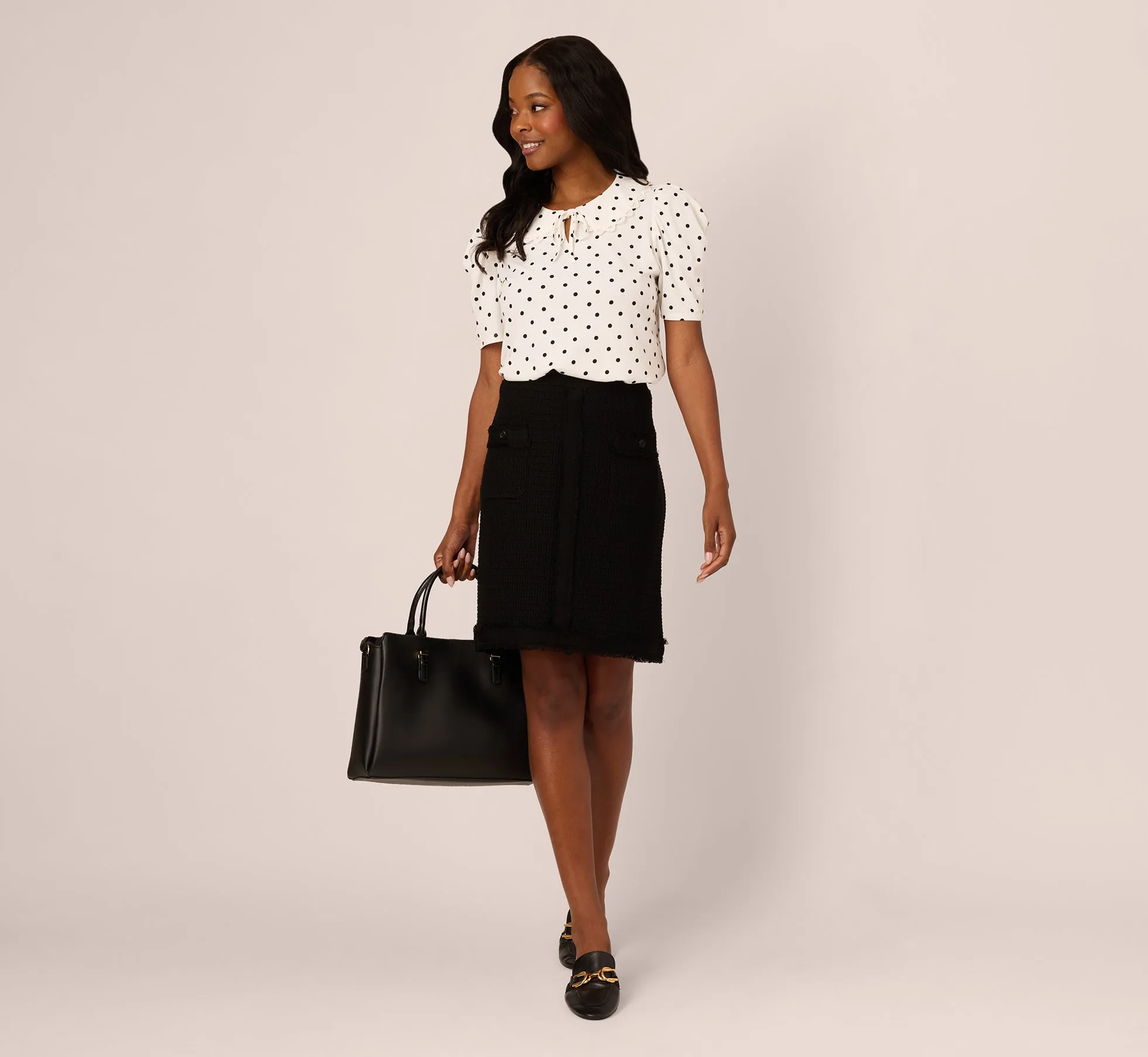 Puff Sleeve Peter Pan Collar Top In Ivory Black Timeless Dot sold by Adrianna Papell product image thumbnail 2