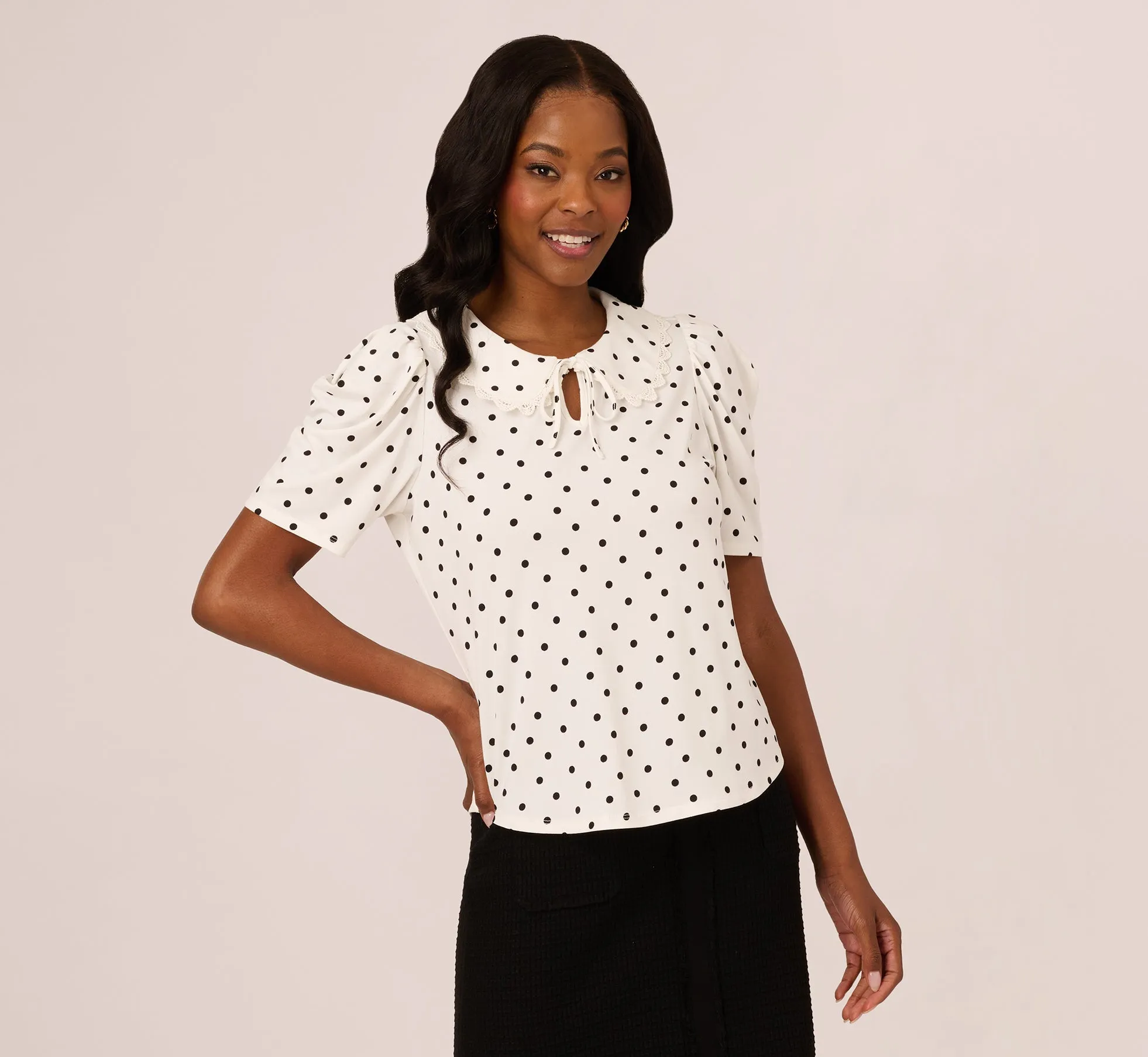 Puff Sleeve Peter Pan Collar Top In Ivory Black Timeless Dot sold by Adrianna Papell product image thumbnail 3