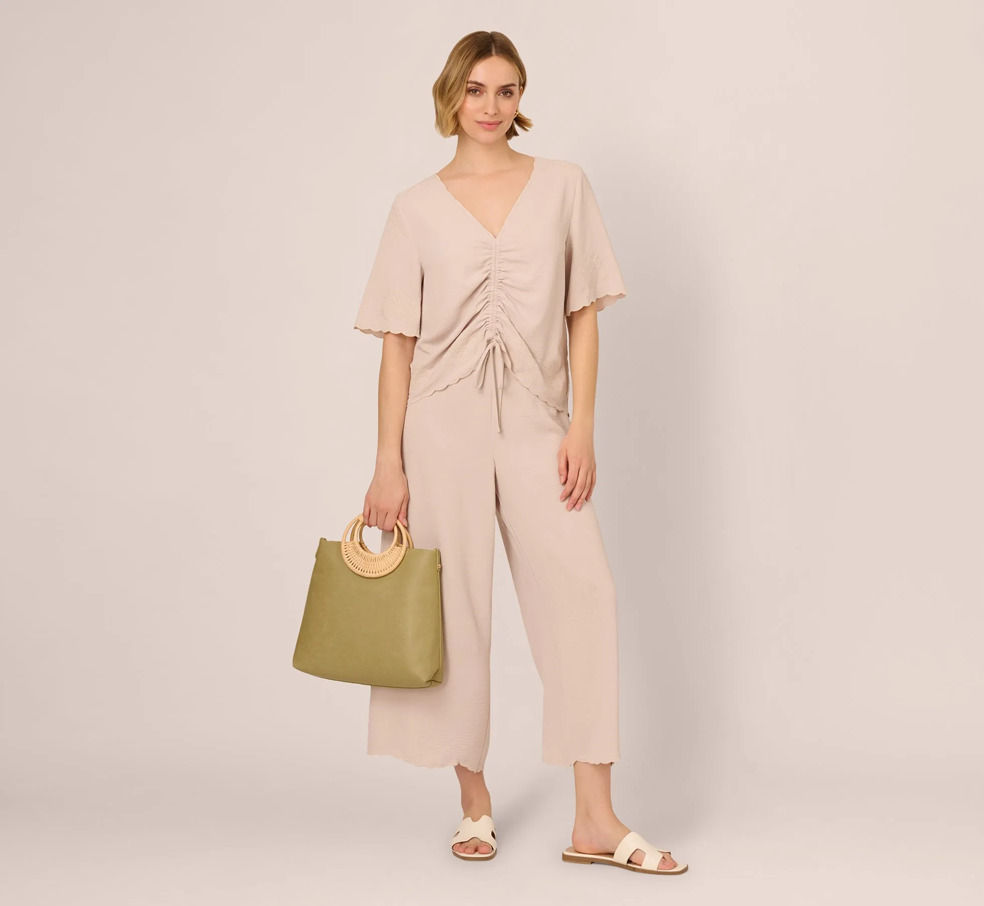 Embroidered Airflow Top And Wide Leg Pant Set In Pebble sold by Adrianna Papell product image thumbnail 3