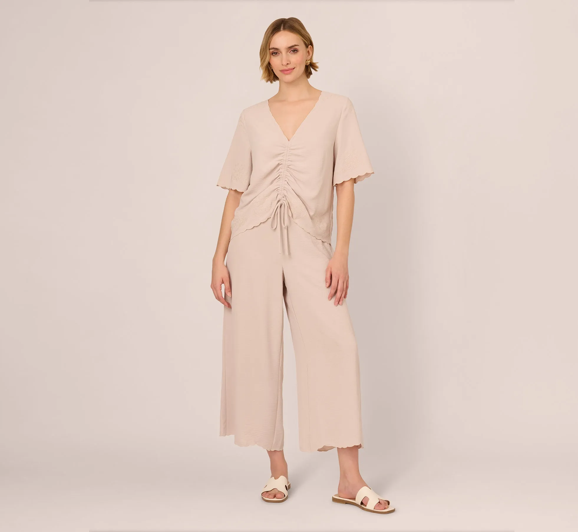 Embroidered Airflow Top And Wide Leg Pant Set In Pebble sold by Adrianna Papell product image thumbnail 4
