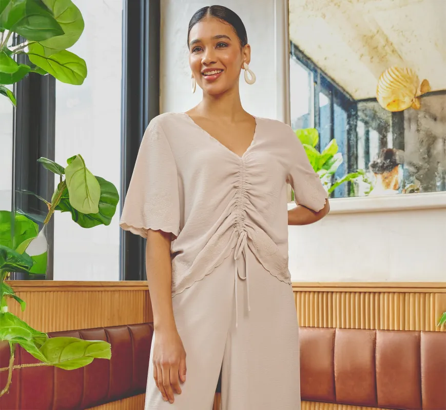 Embroidered Airflow Top And Wide Leg Pant Set In Pebble sold by Adrianna Papell