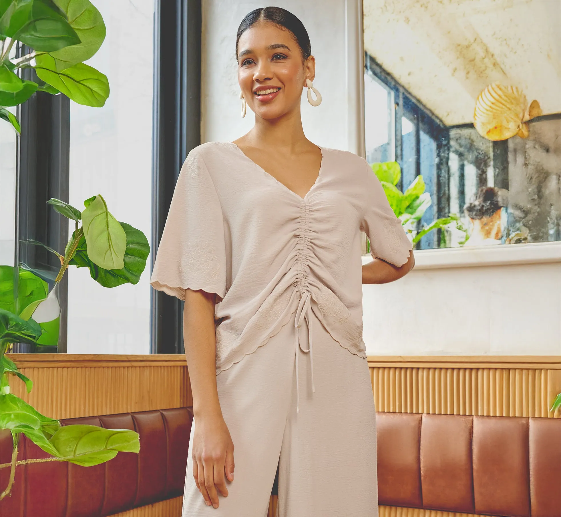 Embroidered Airflow Top And Wide Leg Pant Set In Pebble sold by Adrianna Papell