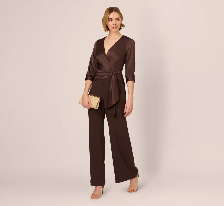 Satin Crepe Three Quarter Sleeve Jumpsuit With Buckle Waist In Dark Brown sold by Adrianna Papell