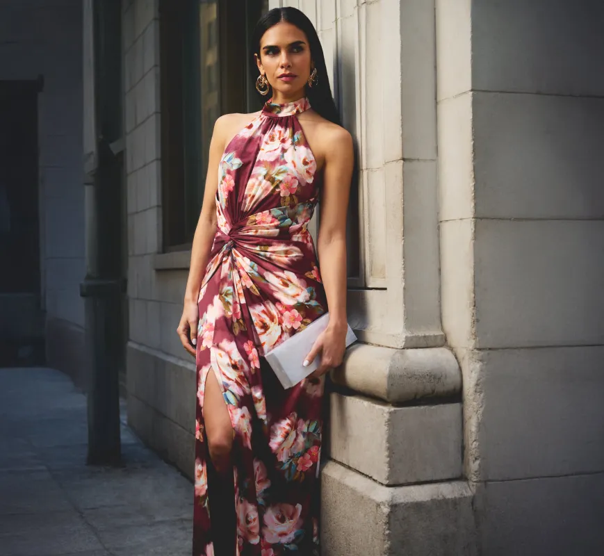 Floral Satin Twist Waist Halter Gown In Brown Multi sold by Adrianna Papell