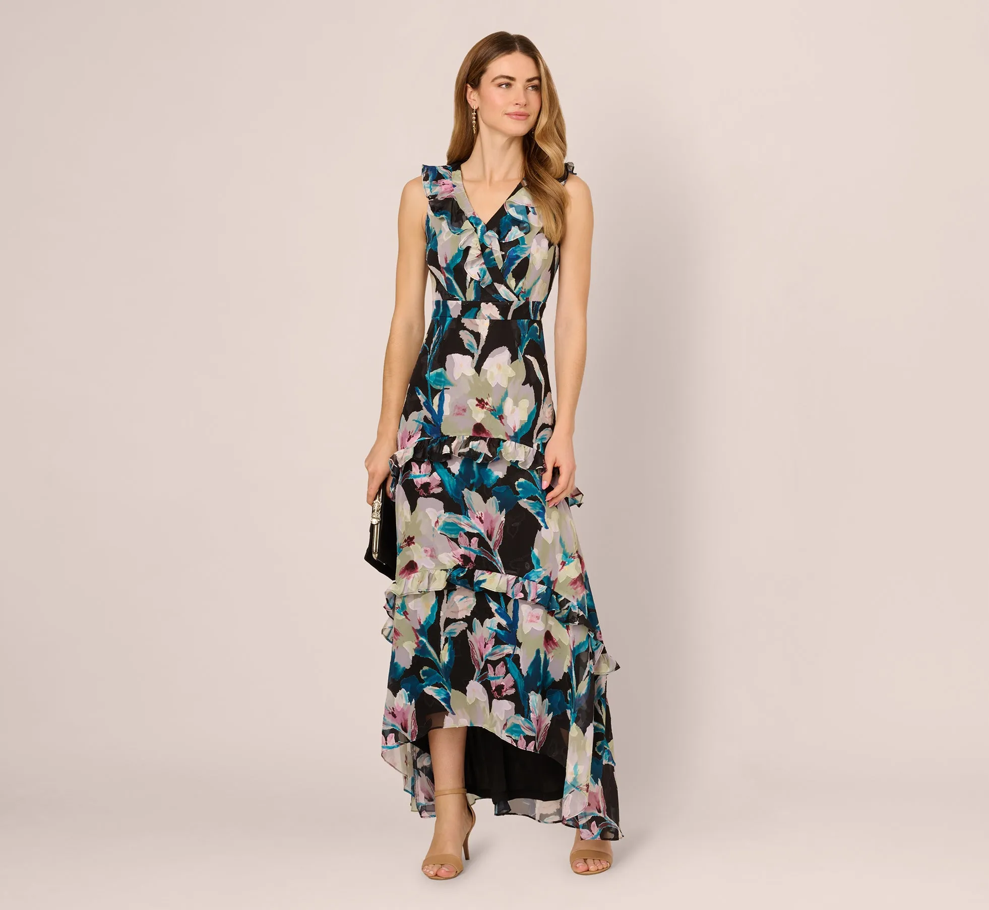 Sleeveless Floral Chiffon High Low Ruffle Gown In Black Multi sold by Adrianna Papell