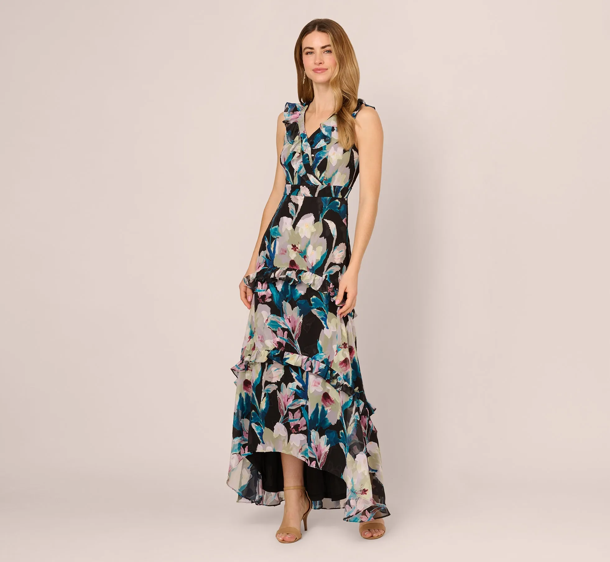 Sleeveless Floral Chiffon High Low Ruffle Gown In Black Multi sold by Adrianna Papell product image thumbnail 2