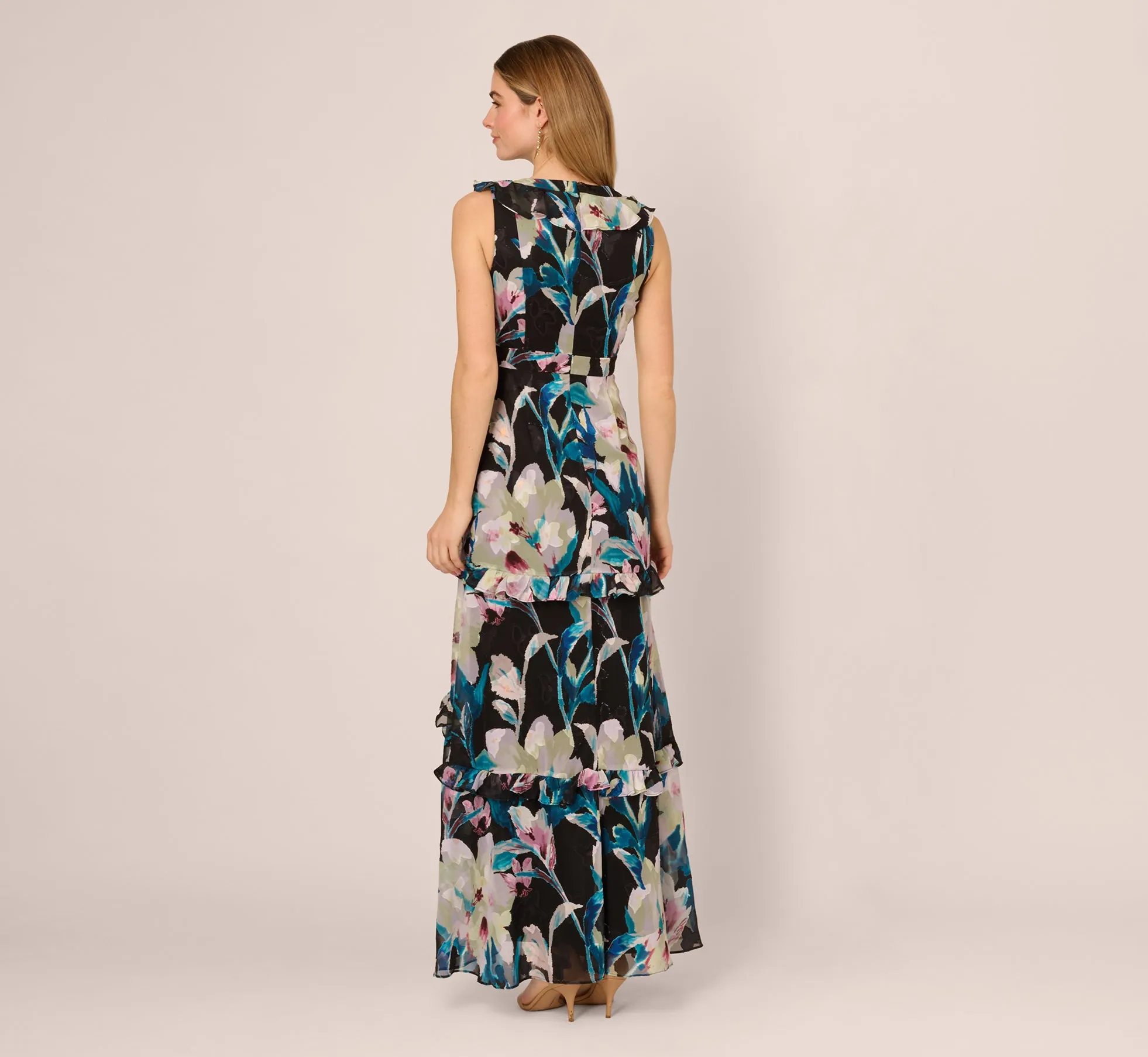 Sleeveless Floral Chiffon High Low Ruffle Gown In Black Multi sold by Adrianna Papell product image thumbnail 5