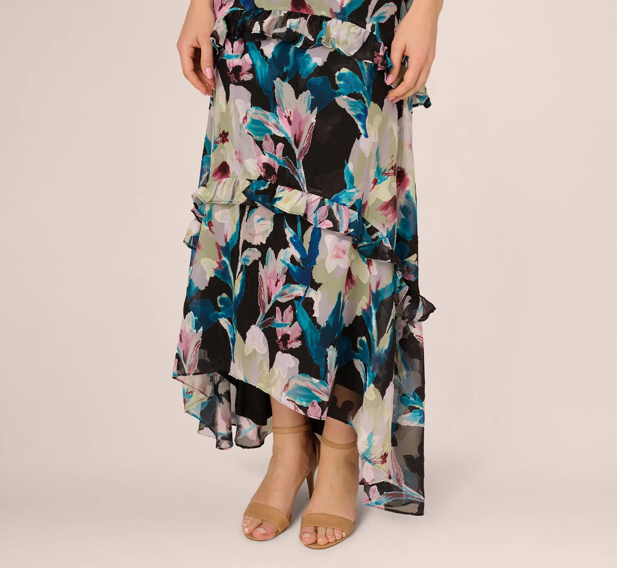 Sleeveless Floral Chiffon High Low Ruffle Gown In Black Multi sold by Adrianna Papell product image thumbnail 4