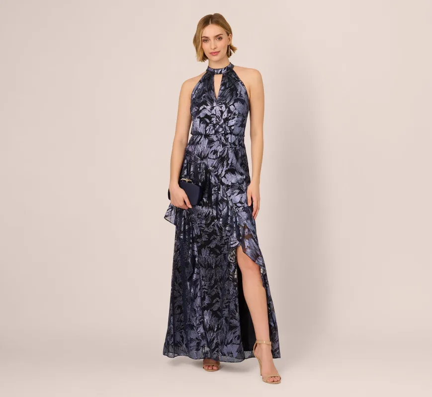 Crinkle Metallic Keyhole Halter Ruffle Gown In Navy sold by Adrianna Papell