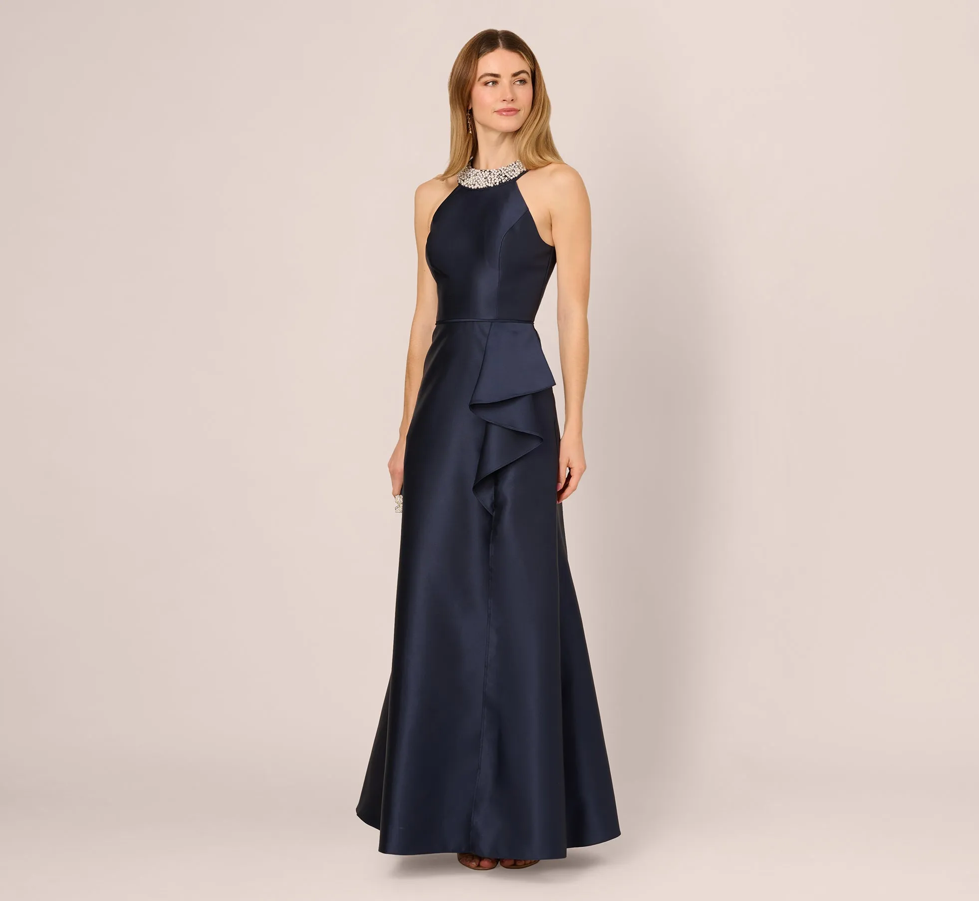 Beaded Halter Draped Mikado Gown In Midnight sold by Adrianna Papell