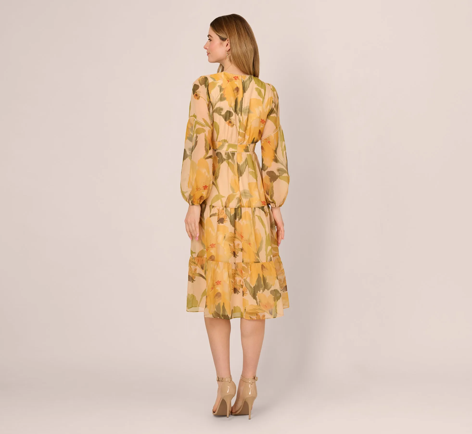 Long Sleeve Floral Organza Midi Dress In Ecru Yellow Multi sold by Adrianna Papell product image thumbnail 5