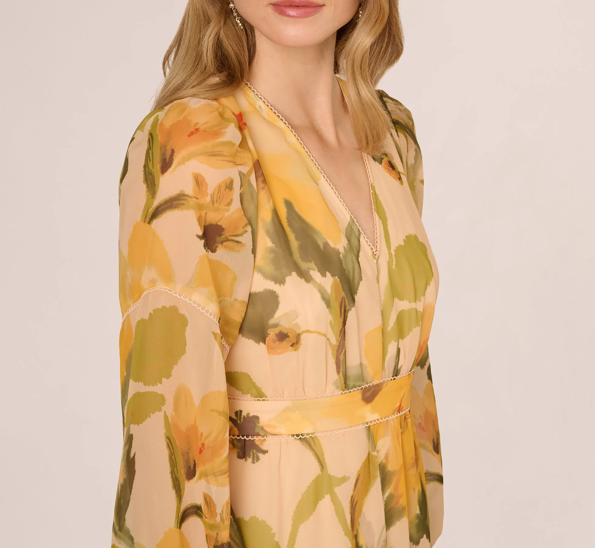 Long Sleeve Floral Organza Midi Dress In Ecru Yellow Multi sold by Adrianna Papell product image thumbnail 4