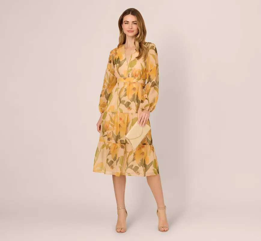 Long Sleeve Floral Organza Midi Dress In Ecru Yellow Multi sold by Adrianna Papell