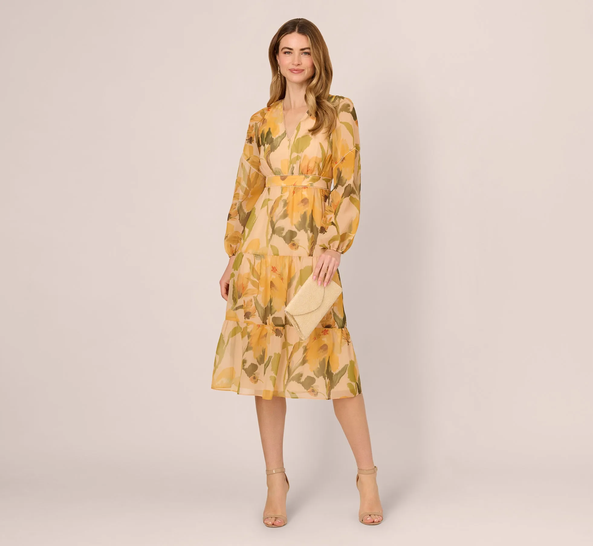 Long Sleeve Floral Organza Midi Dress In Ecru Yellow Multi sold by Adrianna Papell