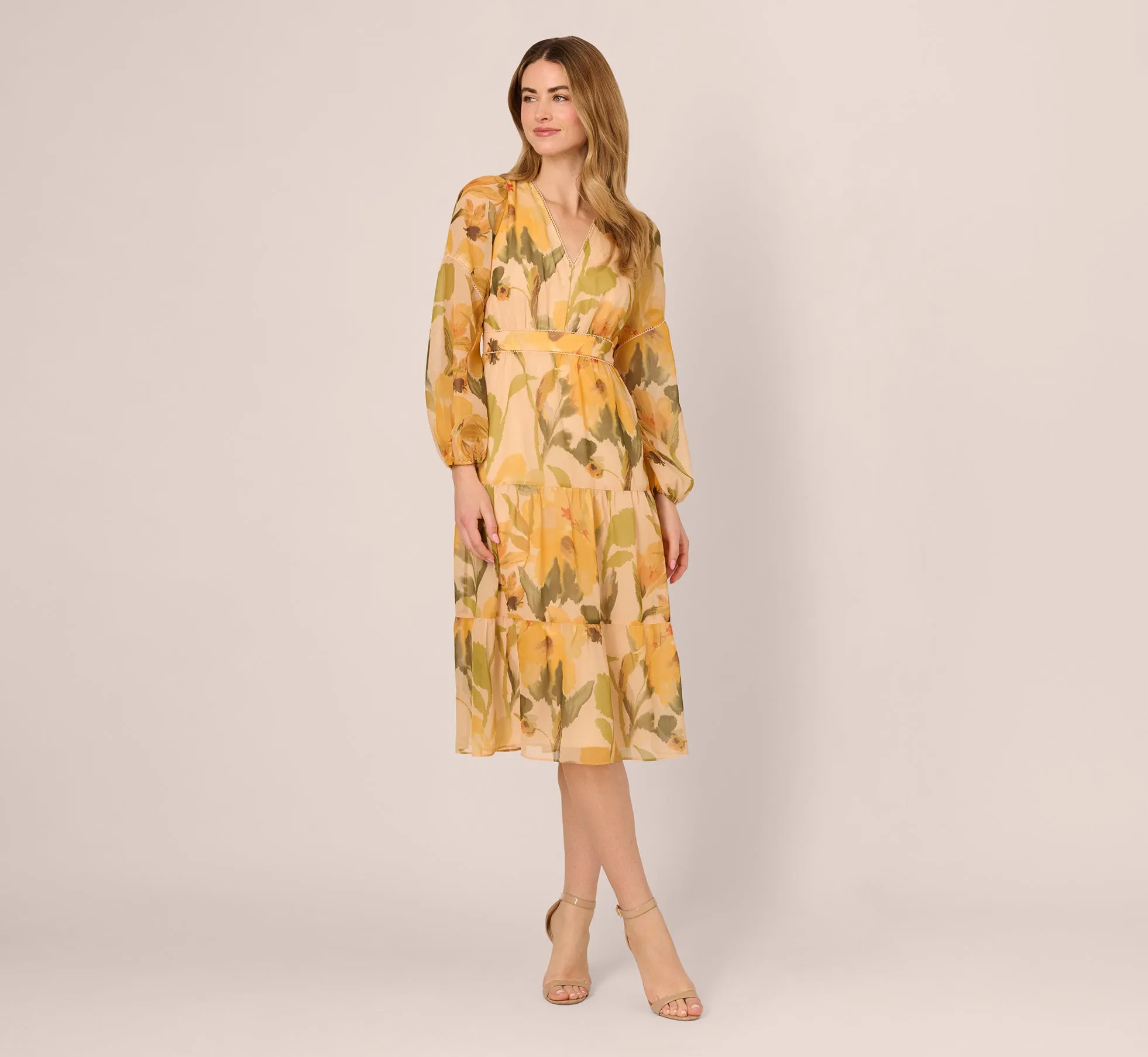 Long Sleeve Floral Organza Midi Dress In Ecru Yellow Multi sold by Adrianna Papell product image thumbnail 2