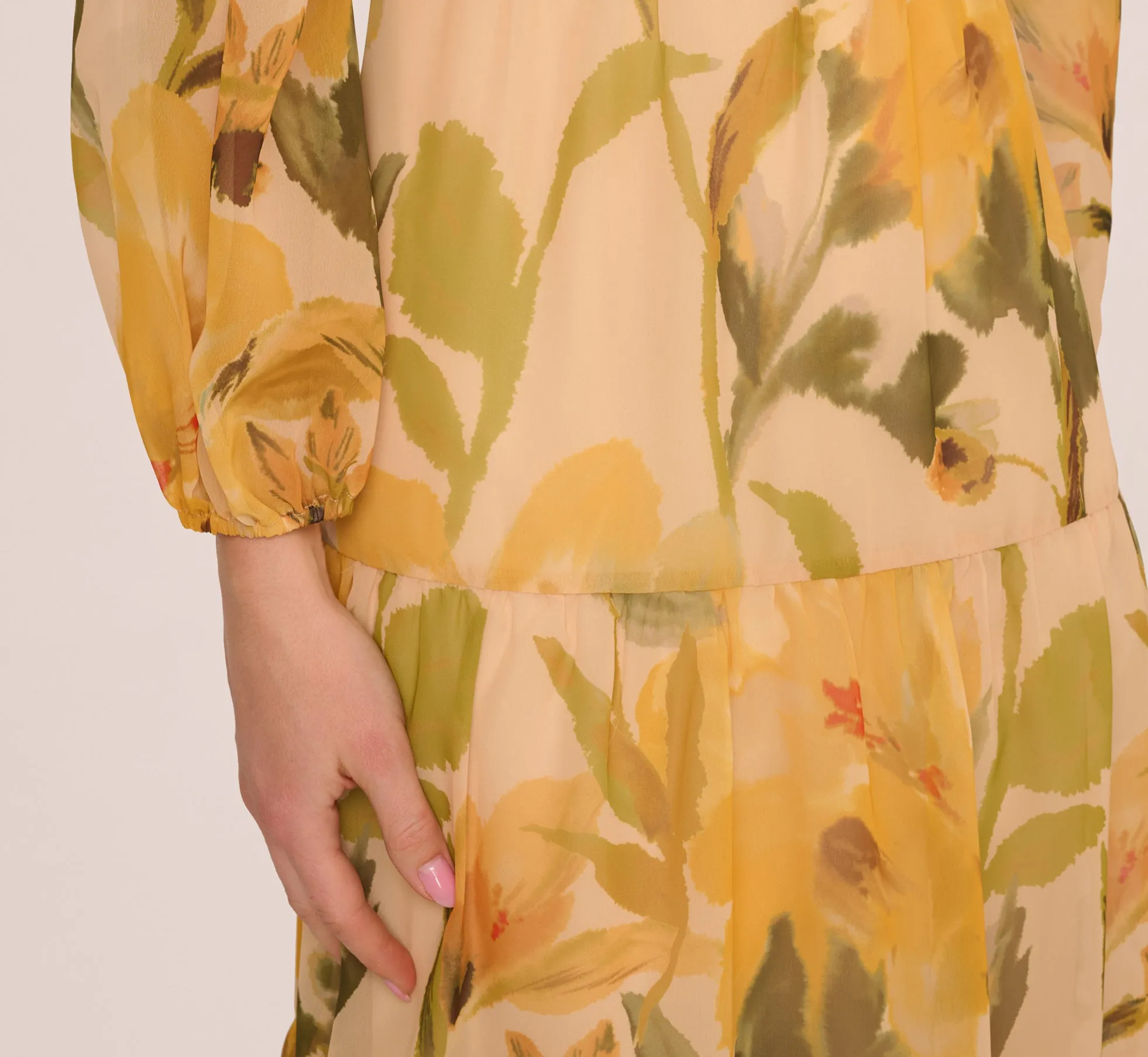Long Sleeve Floral Organza Midi Dress In Ecru Yellow Multi sold by Adrianna Papell product image thumbnail 3