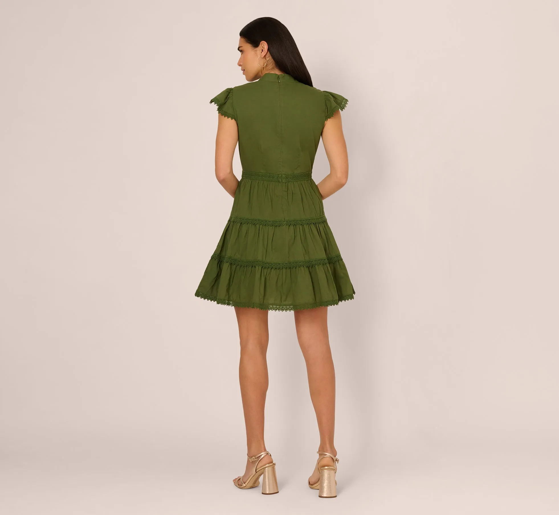 Flutter Sleeve Lace Short Cotton Dress In Olive Green sold by Adrianna Papell product image thumbnail 5