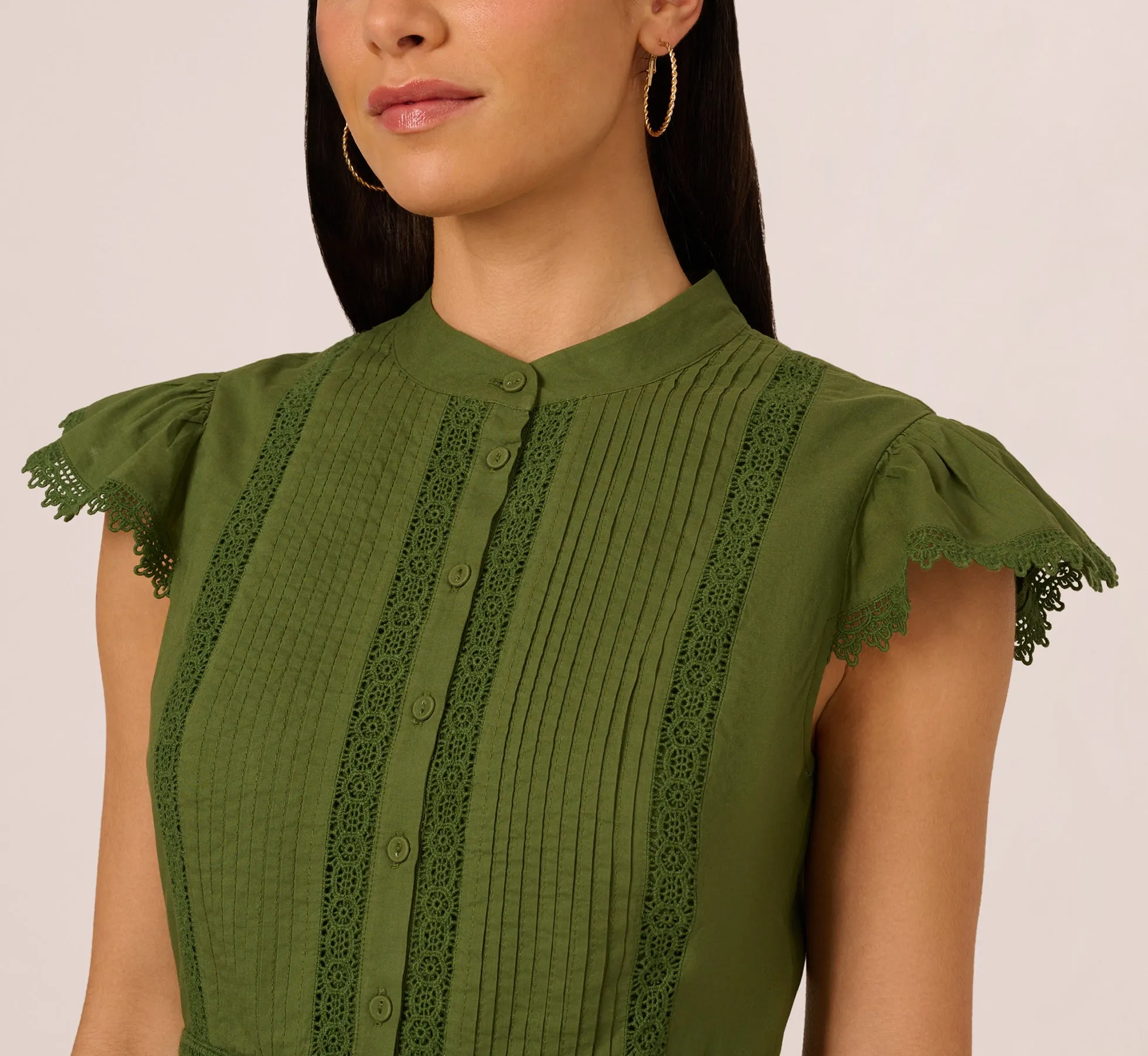 Flutter Sleeve Lace Short Cotton Dress In Olive Green sold by Adrianna Papell product image thumbnail 3