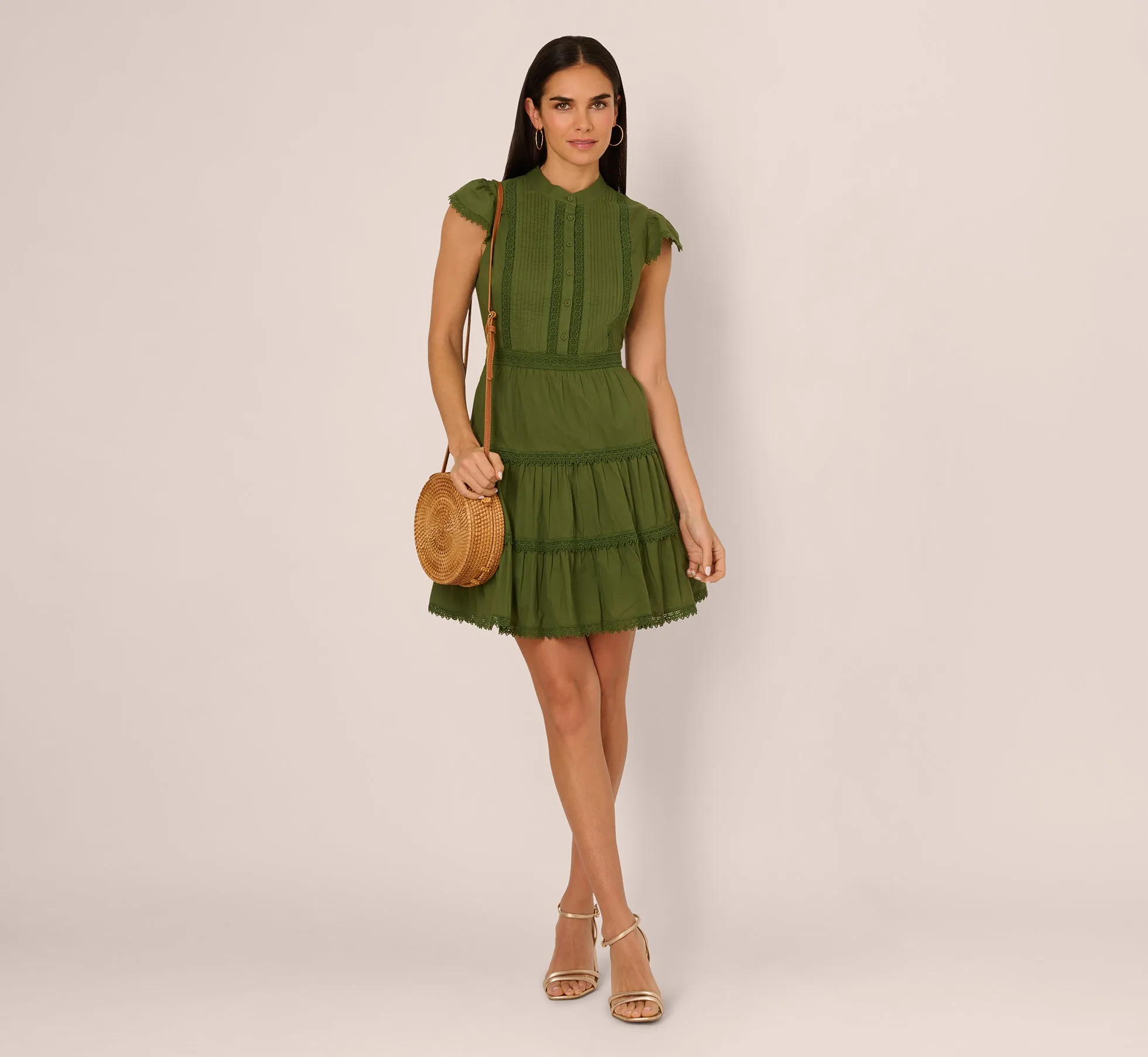 Flutter Sleeve Lace Short Cotton Dress In Olive Green sold by Adrianna Papell