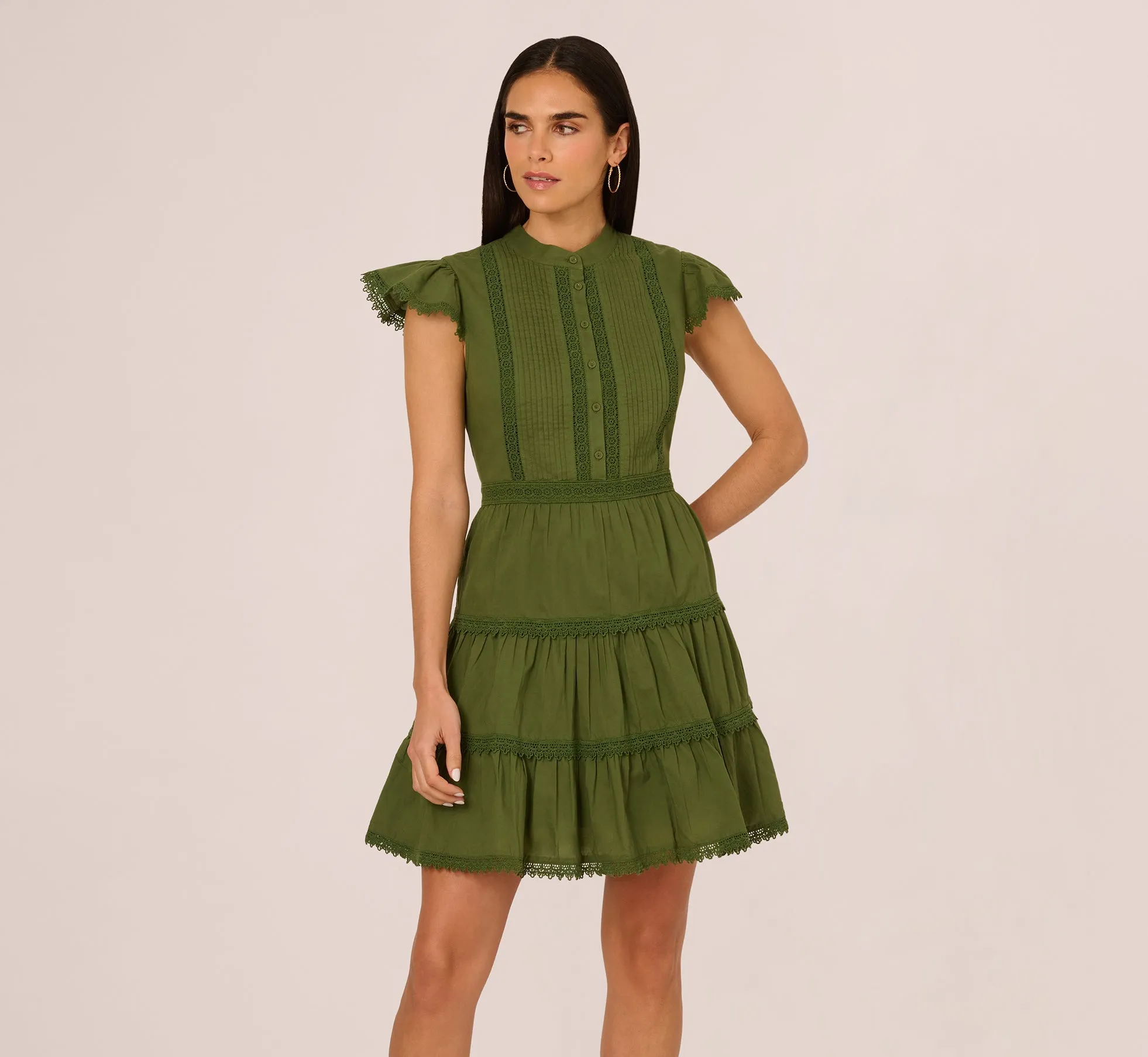 Flutter Sleeve Lace Short Cotton Dress In Olive Green sold by Adrianna Papell product image thumbnail 2