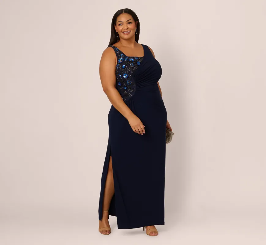 Plus Size Sleeveless Asymmetrical Floral Beaded Jersey Gown In Midnight Multi sold by Adrianna Papell