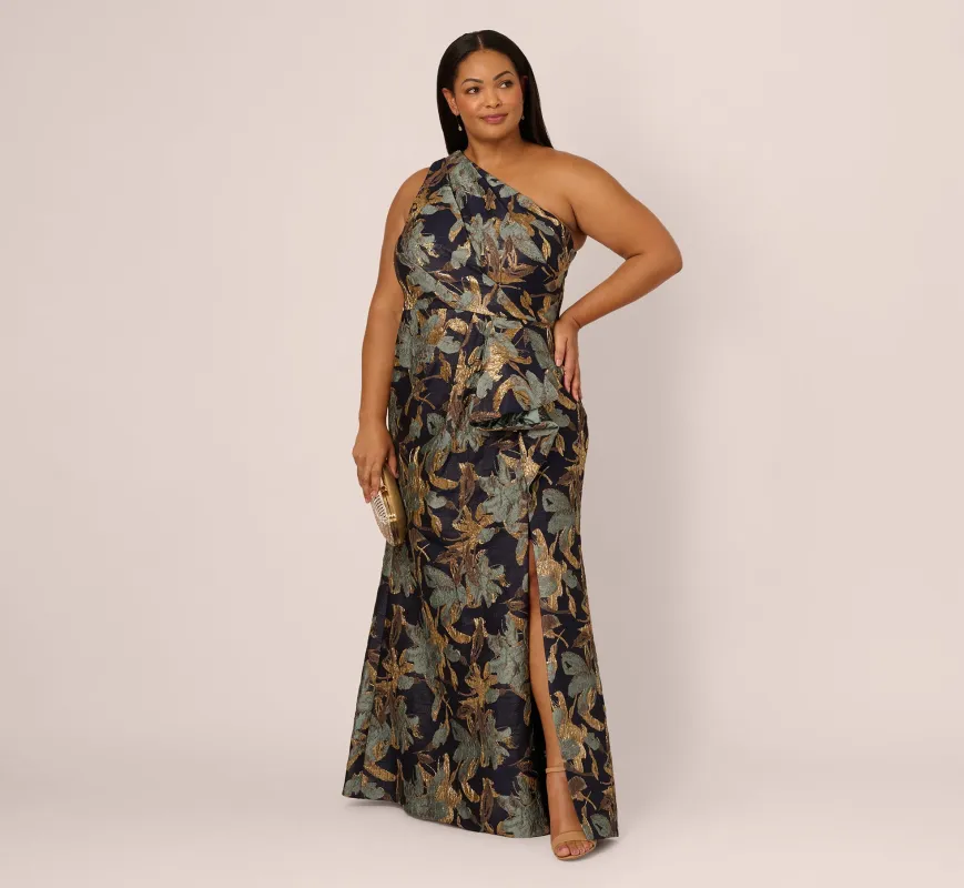 Plus Size One Shoulder Jacquard Dress In Blue Gold sold by Adrianna Papell