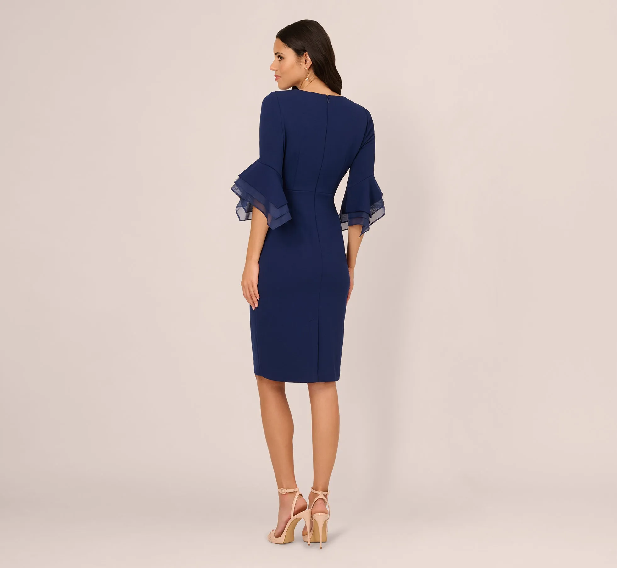 Three Quarter Bell Sleeve Sheath Midi Dress In Navy Sateen sold by Adrianna Papell product image thumbnail 5
