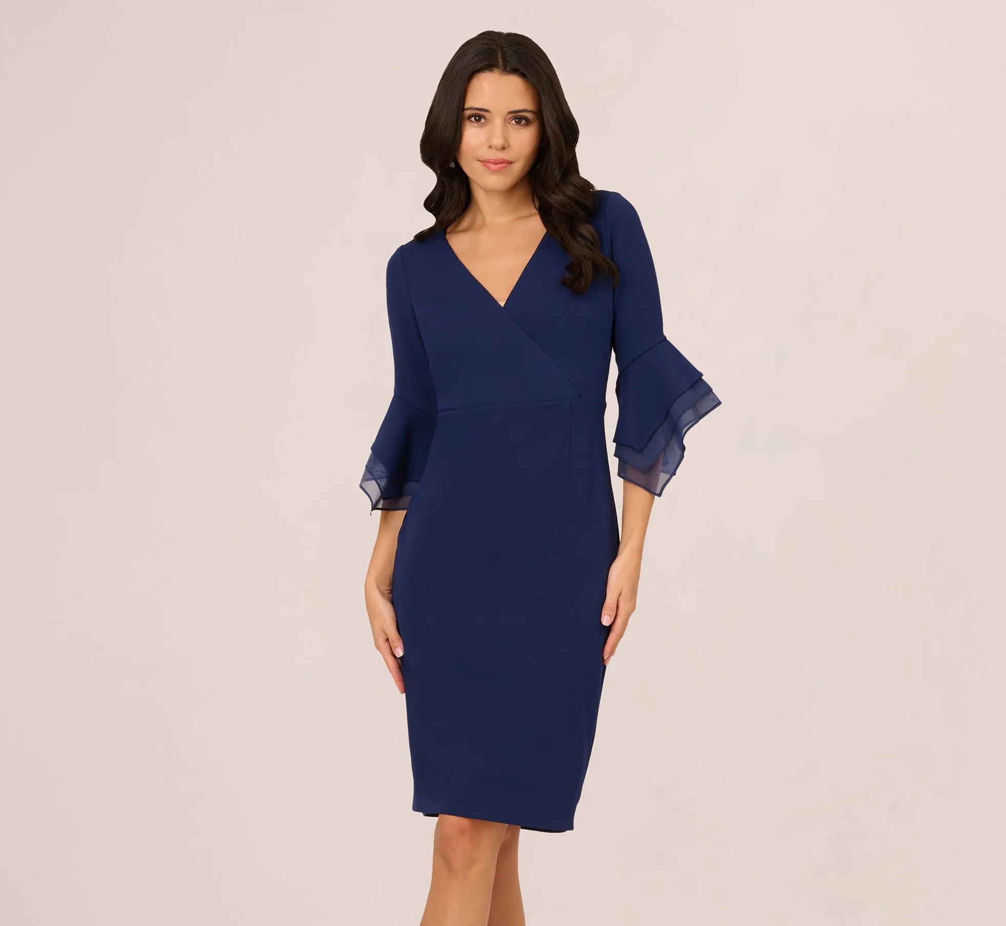 Three Quarter Bell Sleeve Sheath Midi Dress In Navy Sateen sold by Adrianna Papell product image thumbnail 2