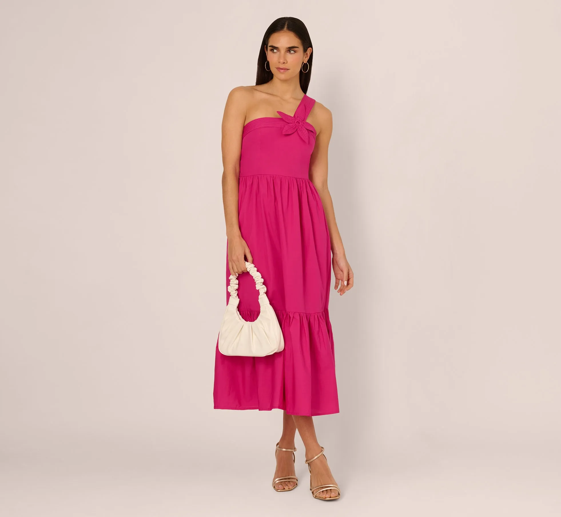 One Shoulder Floral Applique Cotton Midi Dress In Pink sold by Adrianna Papell