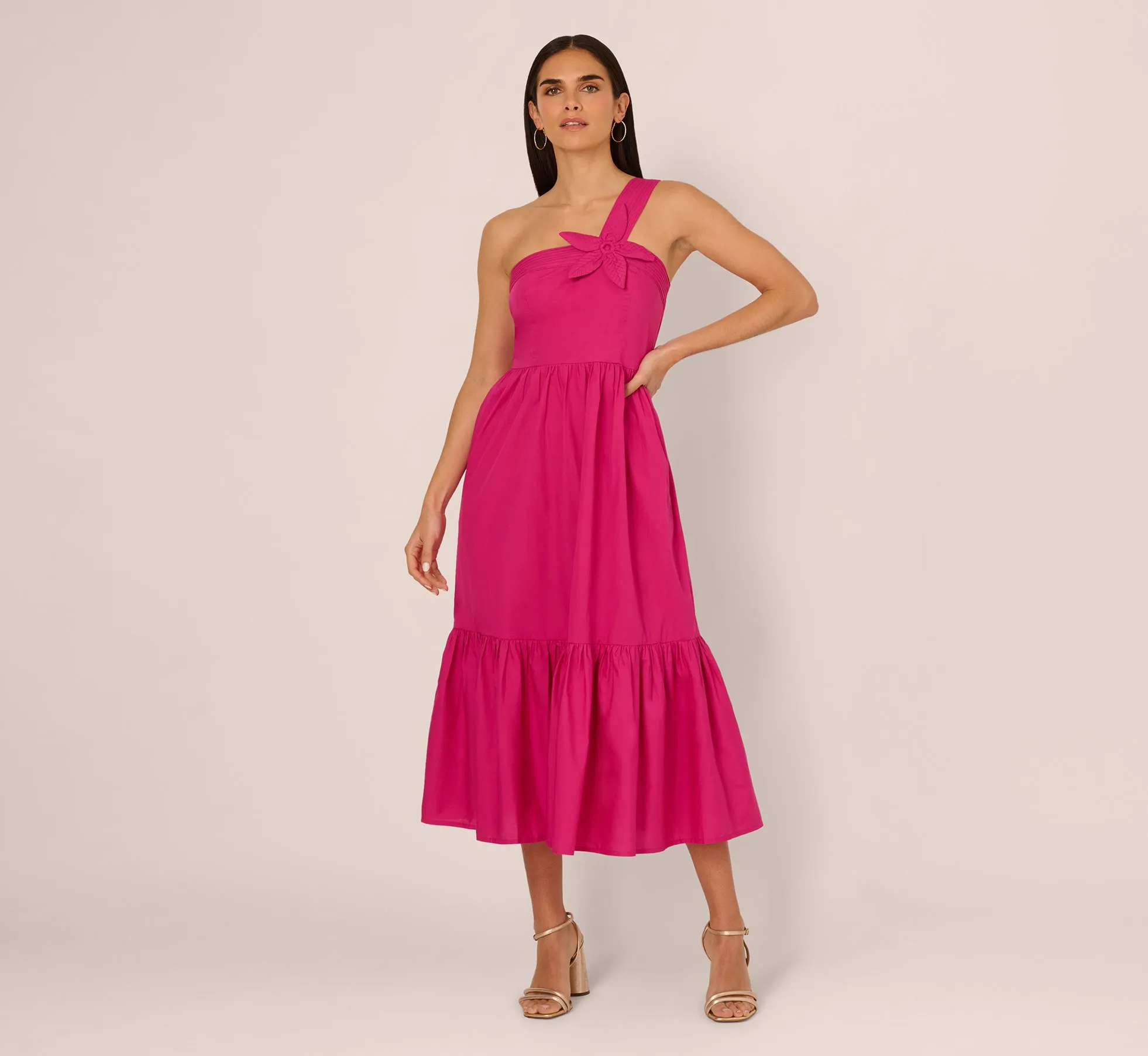 One Shoulder Floral Applique Cotton Midi Dress In Pink sold by Adrianna Papell product image thumbnail 2