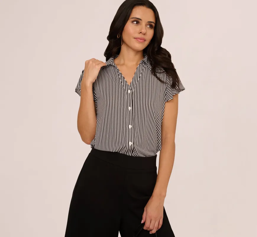 Flutter Sleeve Button Front Printed Top In Black Ivory Small Stripe sold by Adrianna Papell