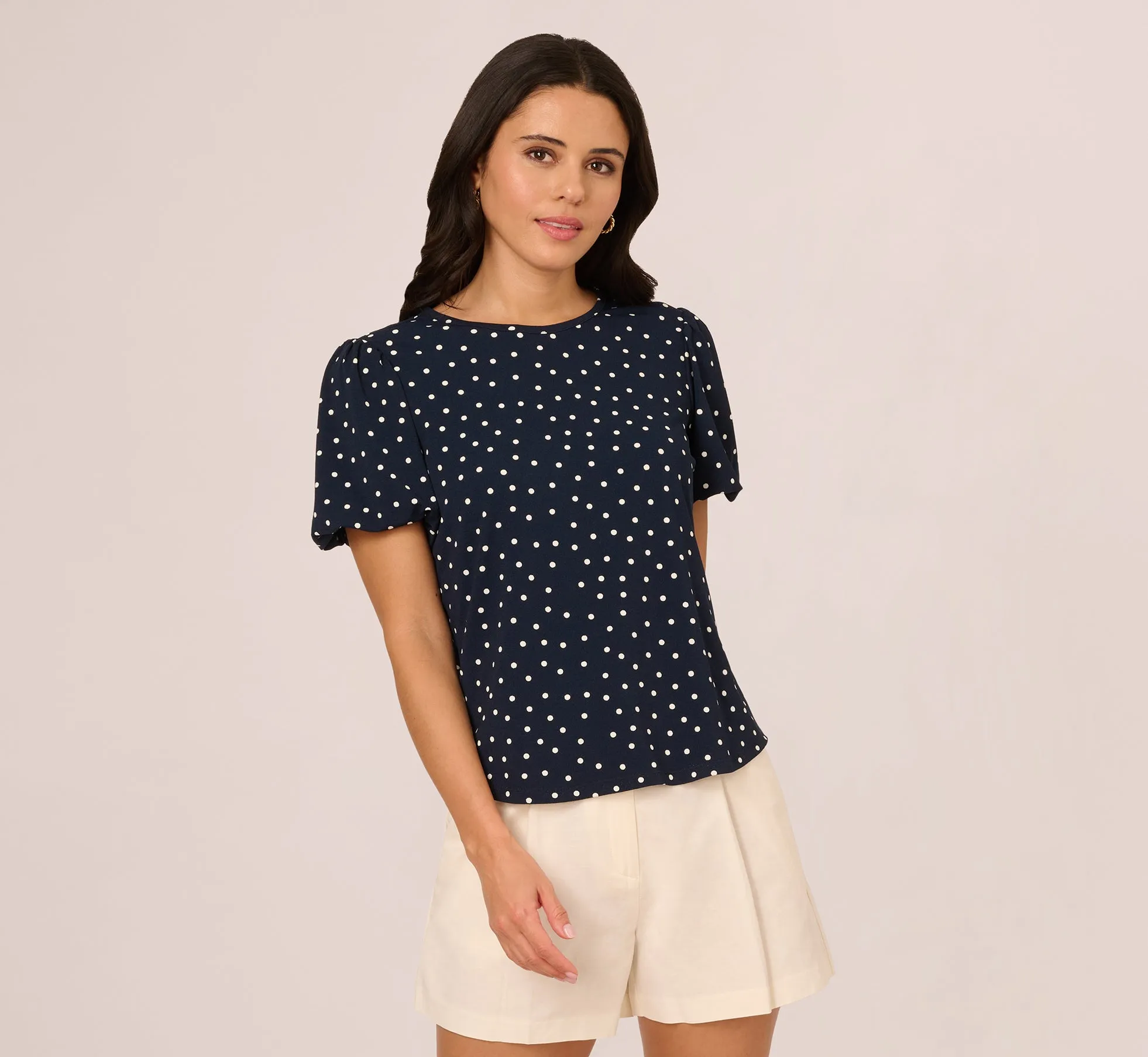 Short Bubble Sleeve Printed Top In Navy Disperse Dot sold by Adrianna Papell product image thumbnail 3