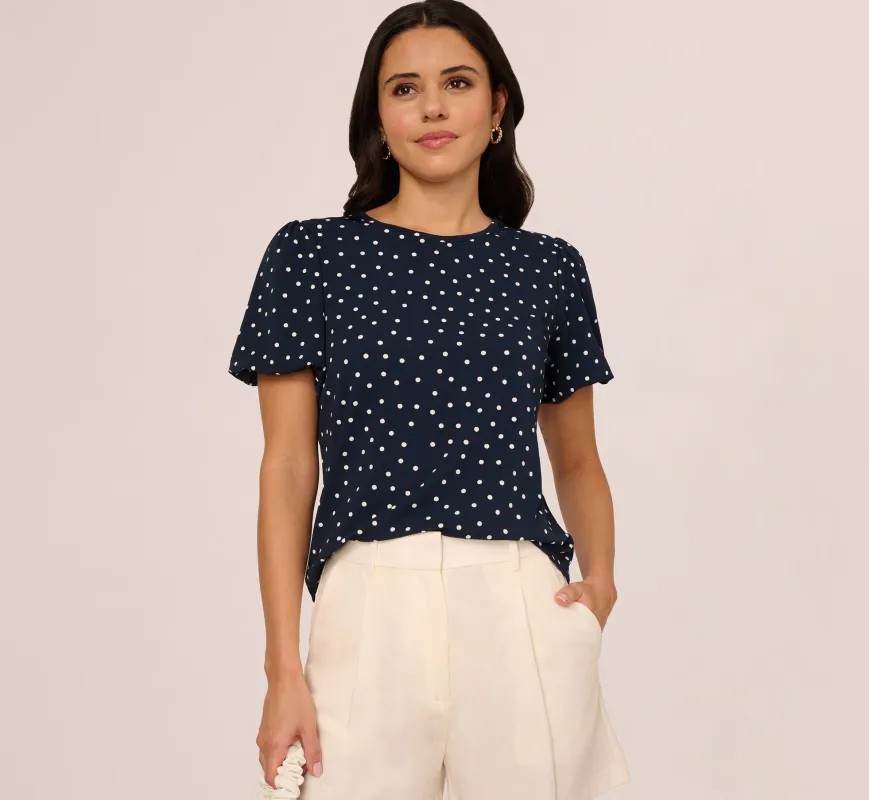 Short Bubble Sleeve Printed Top In Navy Disperse Dot sold by Adrianna Papell