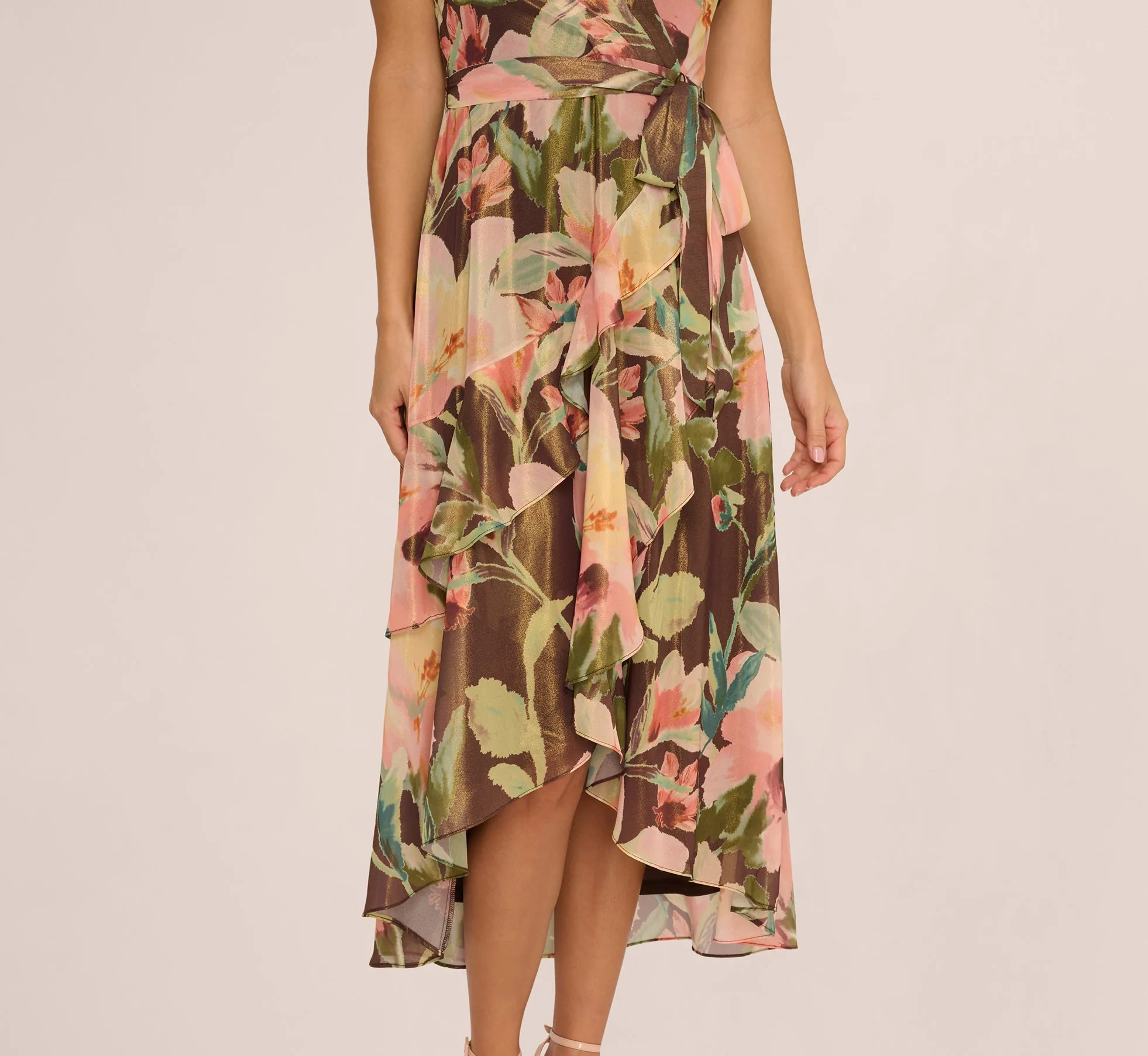 Flutter Sleeve High Low Midi Wrap Dress In Brown Multi sold by Adrianna Papell product image thumbnail 3