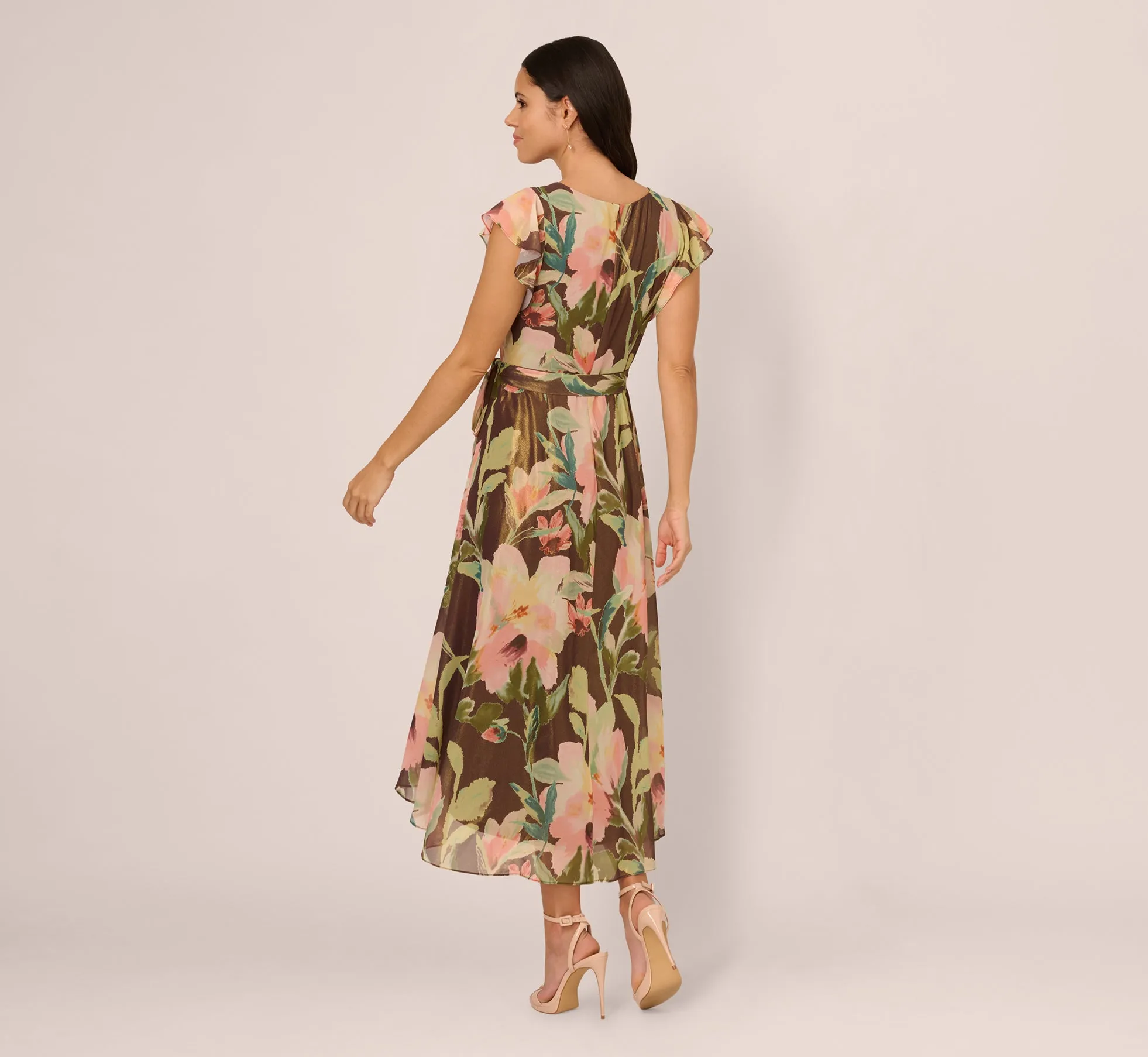 Flutter Sleeve High Low Midi Wrap Dress In Brown Multi sold by Adrianna Papell product image thumbnail 5