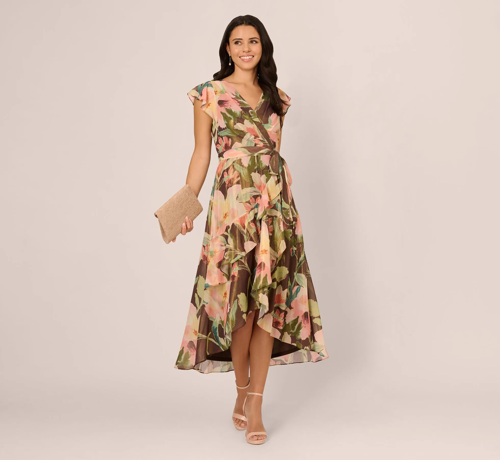 Flutter Sleeve High Low Midi Wrap Dress In Brown Multi sold by Adrianna Papell