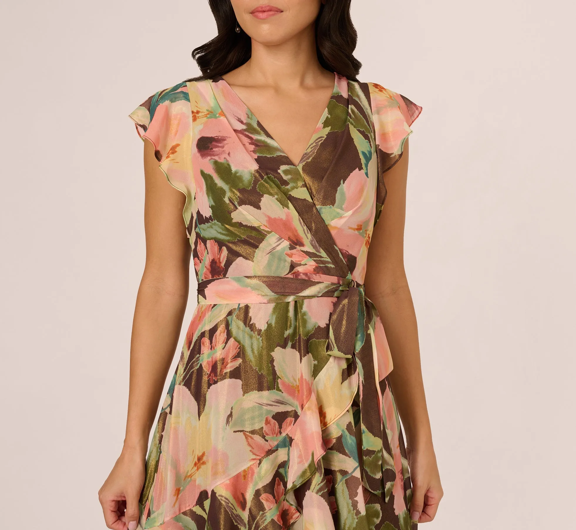 Flutter Sleeve High Low Midi Wrap Dress In Brown Multi sold by Adrianna Papell product image thumbnail 4