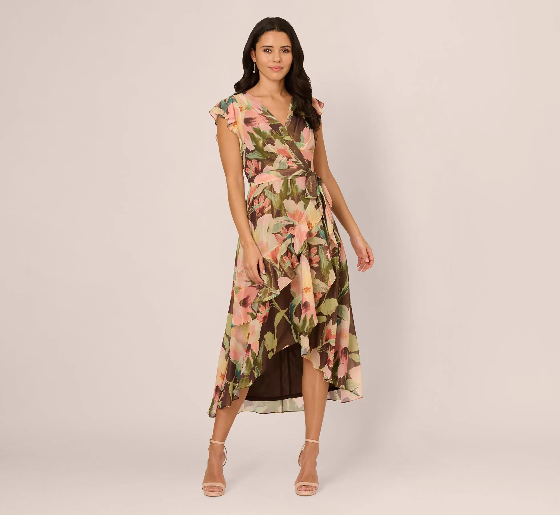Flutter Sleeve High Low Midi Wrap Dress In Brown Multi sold by Adrianna Papell product image thumbnail 2