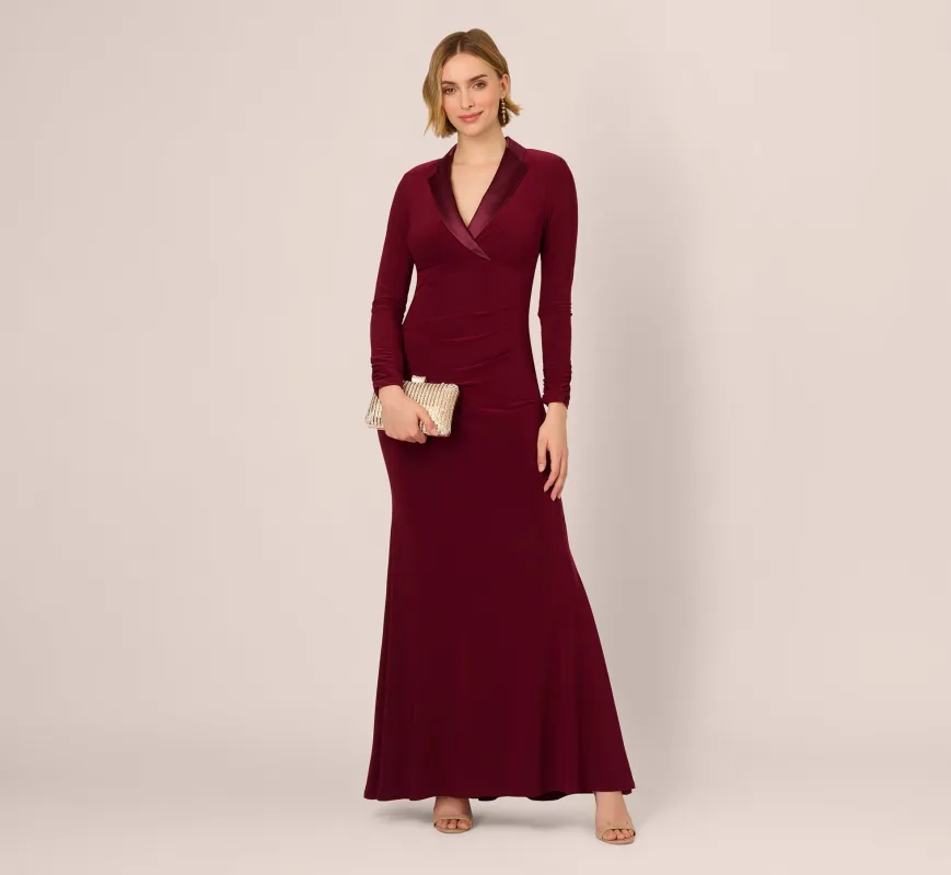 Tuxedo Mermaid Gown With Long Sleeves In Red Wine sold by Adrianna Papell