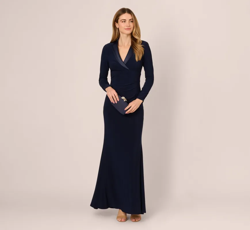 Tuxedo Mermaid Gown With Long Sleeves In Midnight sold by Adrianna Papell