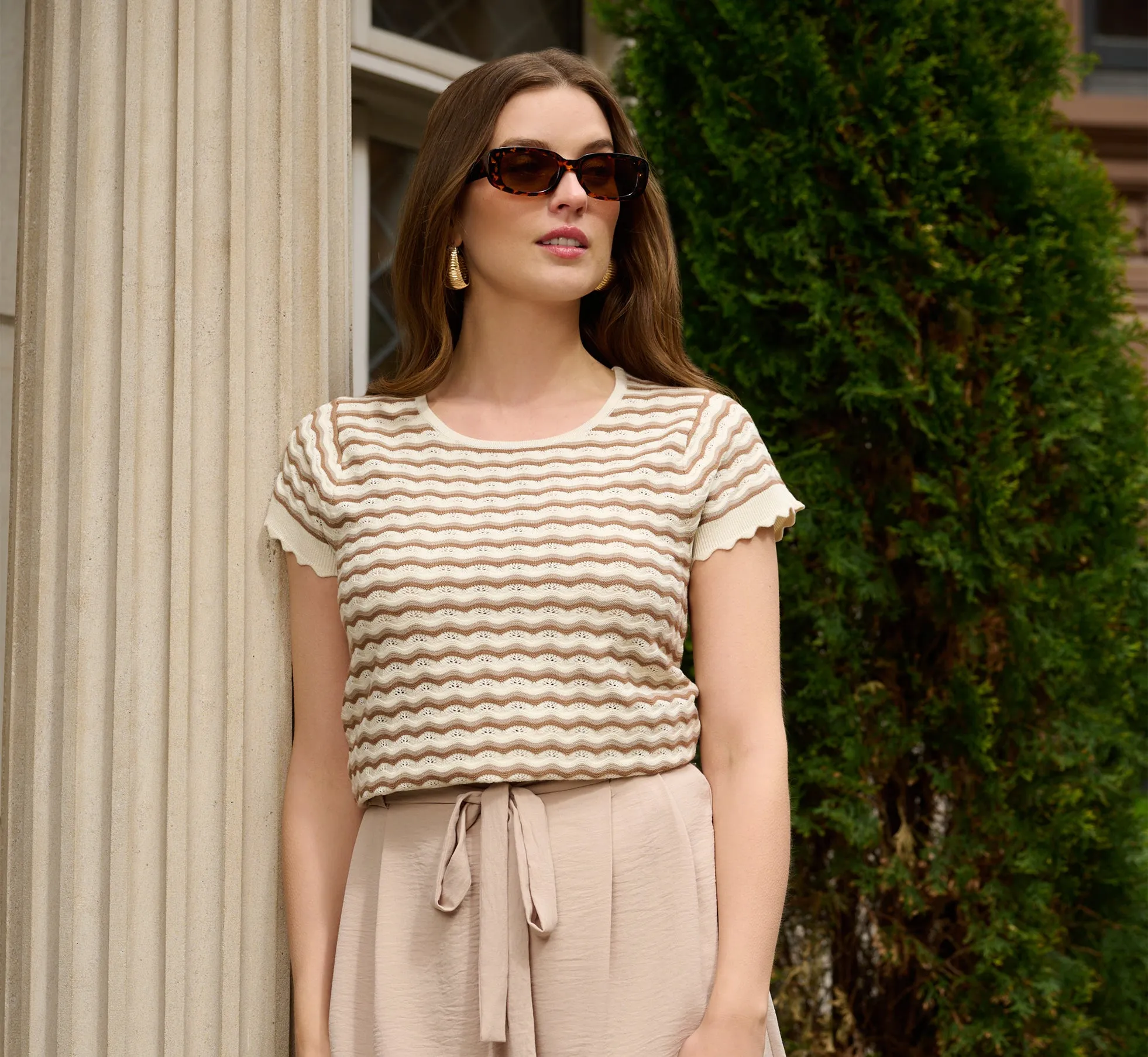 Cap Sleeve Wavy Pointelle Knit Top In Neutral Combo sold by Adrianna Papell