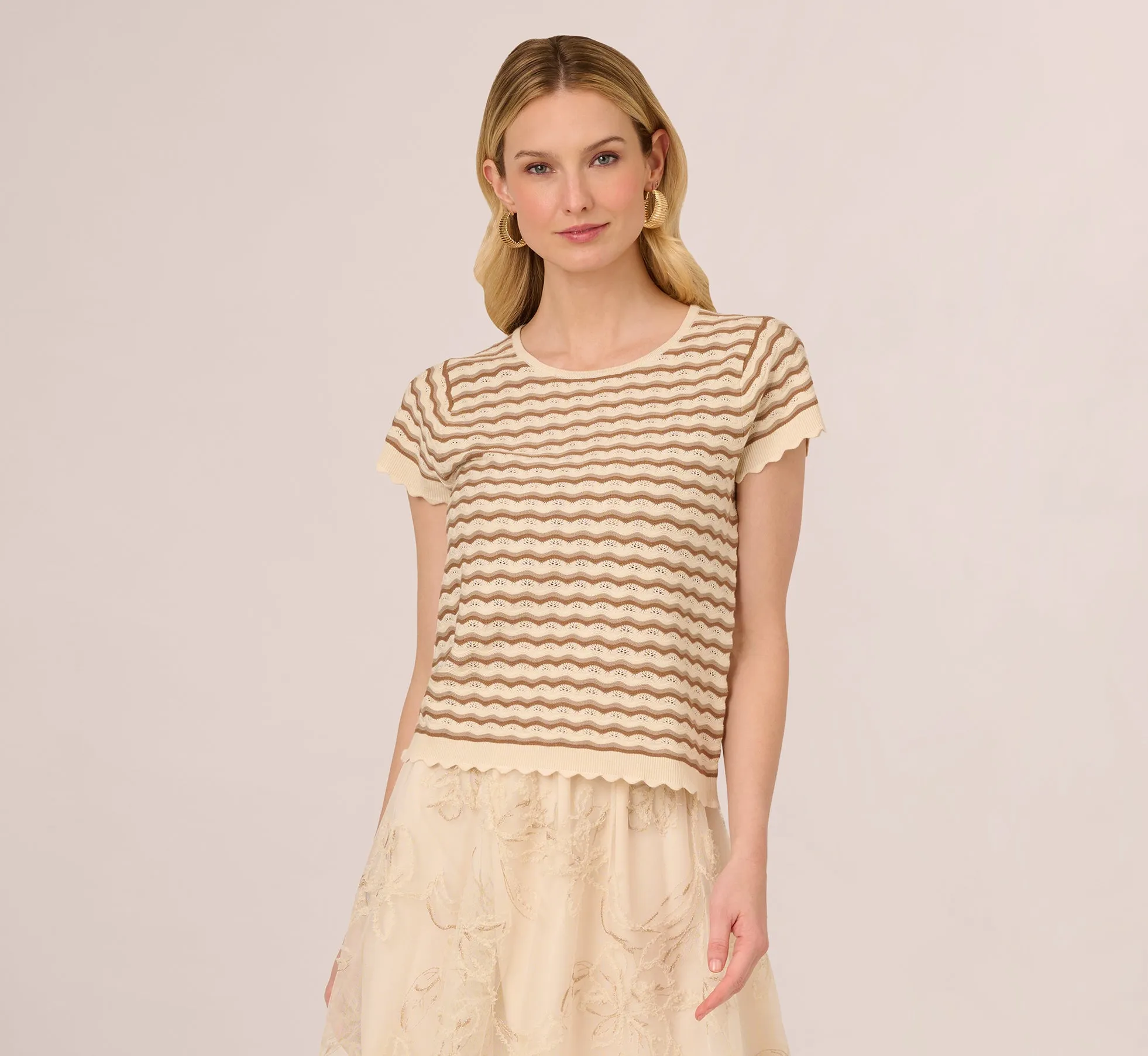 Cap Sleeve Wavy Pointelle Knit Top In Neutral Combo sold by Adrianna Papell product image thumbnail 3