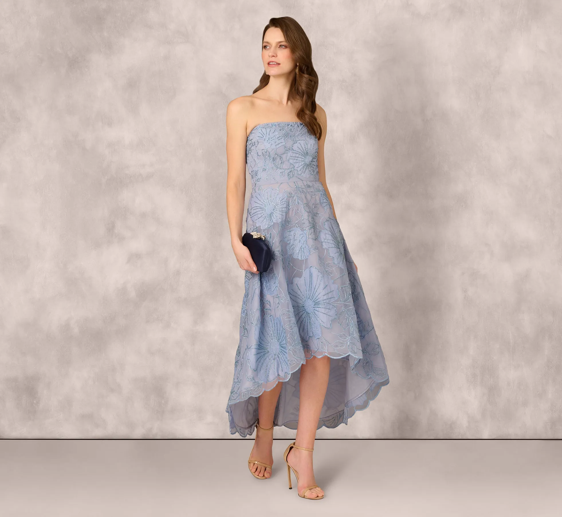 Strapless Floral Embroidered High Low Midi Dress In Blue Cloud sold by Adrianna Papell product image thumbnail 2